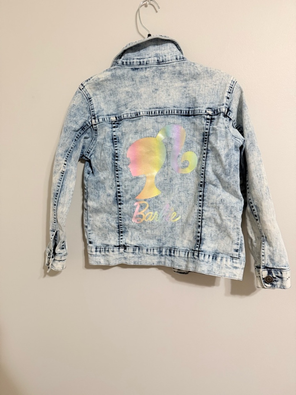 Barbie Light Wash Denim Jacket with Pastel Rainbow Logo